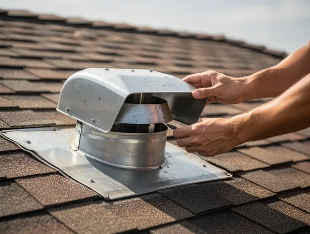 Canyon Lake Dryer Vent Cleaning certified technician safely cleaning a roof-mounted dryer vent in Canyon Lake